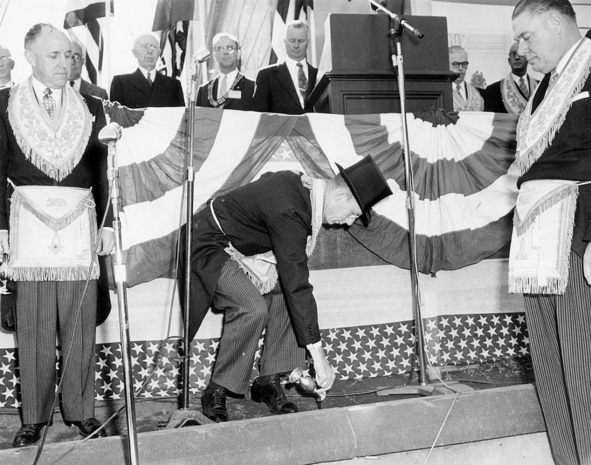 Grand Lodge officers commemorating thr Masonic Memorial Temple in San Francisco, Oct. 26, 1955