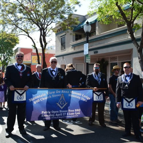 Toby Vanderbeek and members of Mountain View de Anza Lodge No. 194 celebrating their 150th lodge anniversary with a parade through downtown Mountain View.