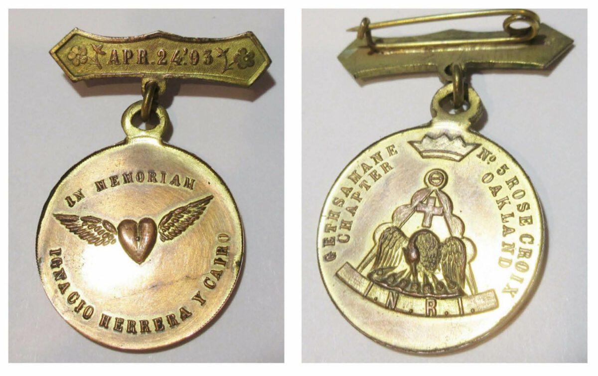 Front and back of a Rose Croix pin worn in memory of Jose Ignacio Herrera Y Cairo, a Mexican Revolutionary, during his Masonic funeral in Oakland.