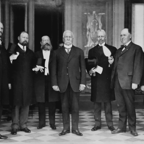 California Masonic delegation poses with Gen. Porfirio Diaz, president of Mexico, in Mexico City. The group and President Diaz inspect the traveling Masonic trowel brought from Los Angeles to Mexico in 1909.