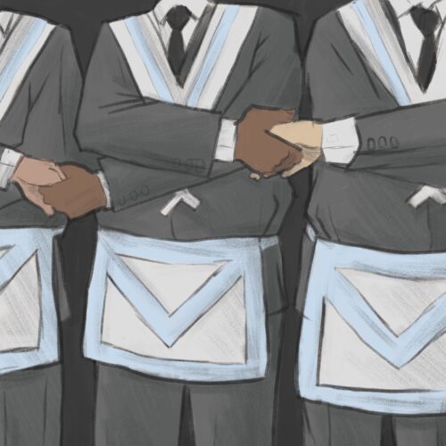 Illustration of Masonic lodge degree ceremony with members holding hands. In San Diego, a recent second degree featured current lodge masters in every officer's position.