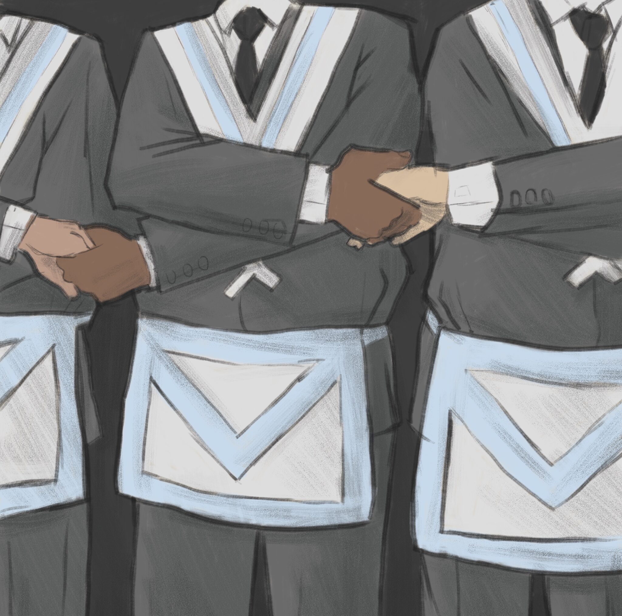 Illustration of Masonic lodge degree ceremony with members holding hands. In San Diego, a recent second degree featured current lodge masters in every officer's position.