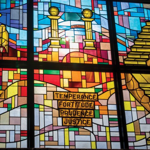 A stained-glass window shines into the historic Simionff Temple at the Masonic Homes of California campus in Union City.