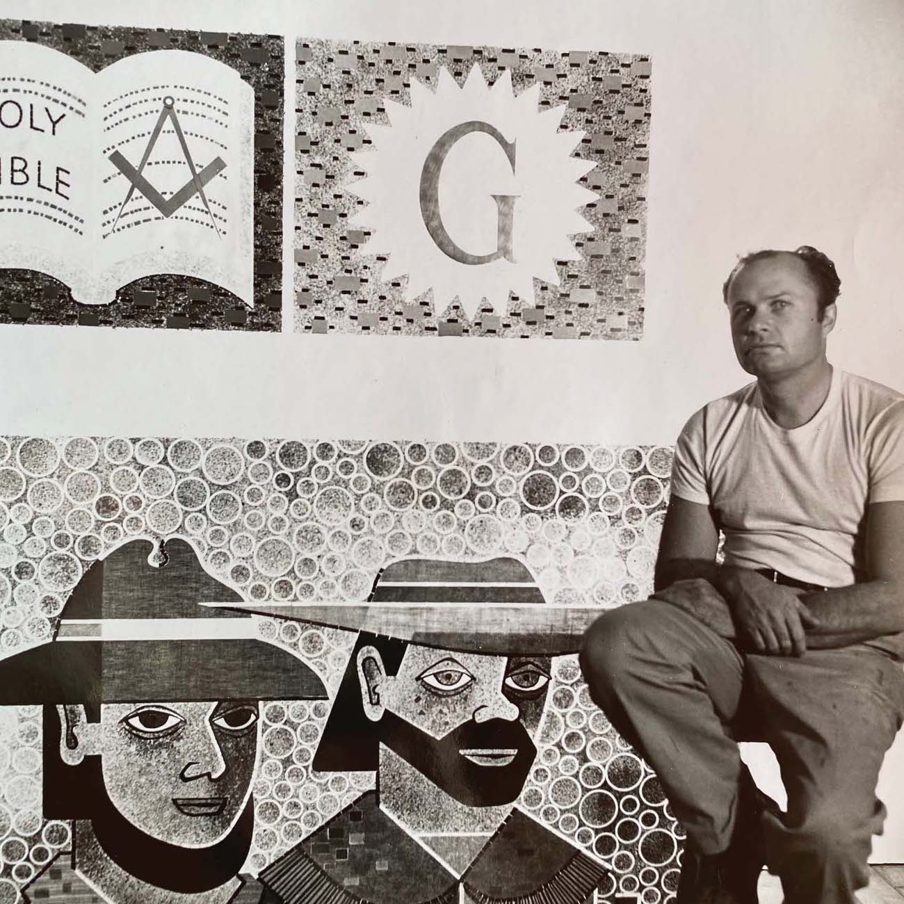 Artist Emile Norman poses with details from his endomosaic artwork, which was installed in the California Masonic Memorial Temple in 1957