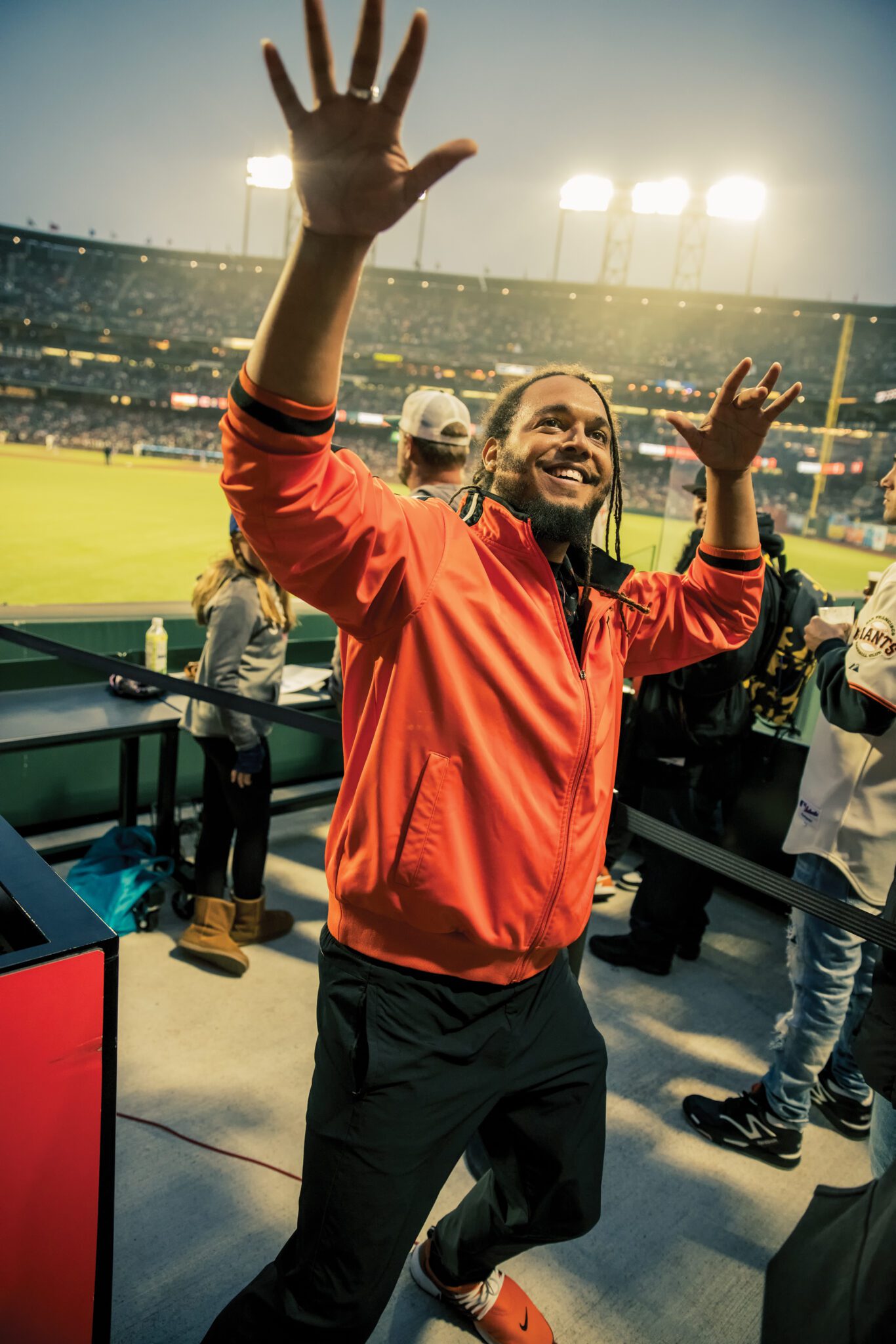 Zahid Peoples, a Mason with Martinez No. 41, gets the crowd going at a San Francisco Giants game.