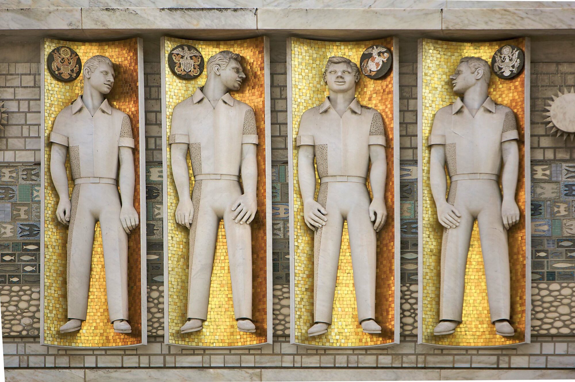 Exterior view of the Emile Norman memorial frieze, depicting members of the armed forces, on the northern face of the California Masonic Memorial Temple in San Francisco.