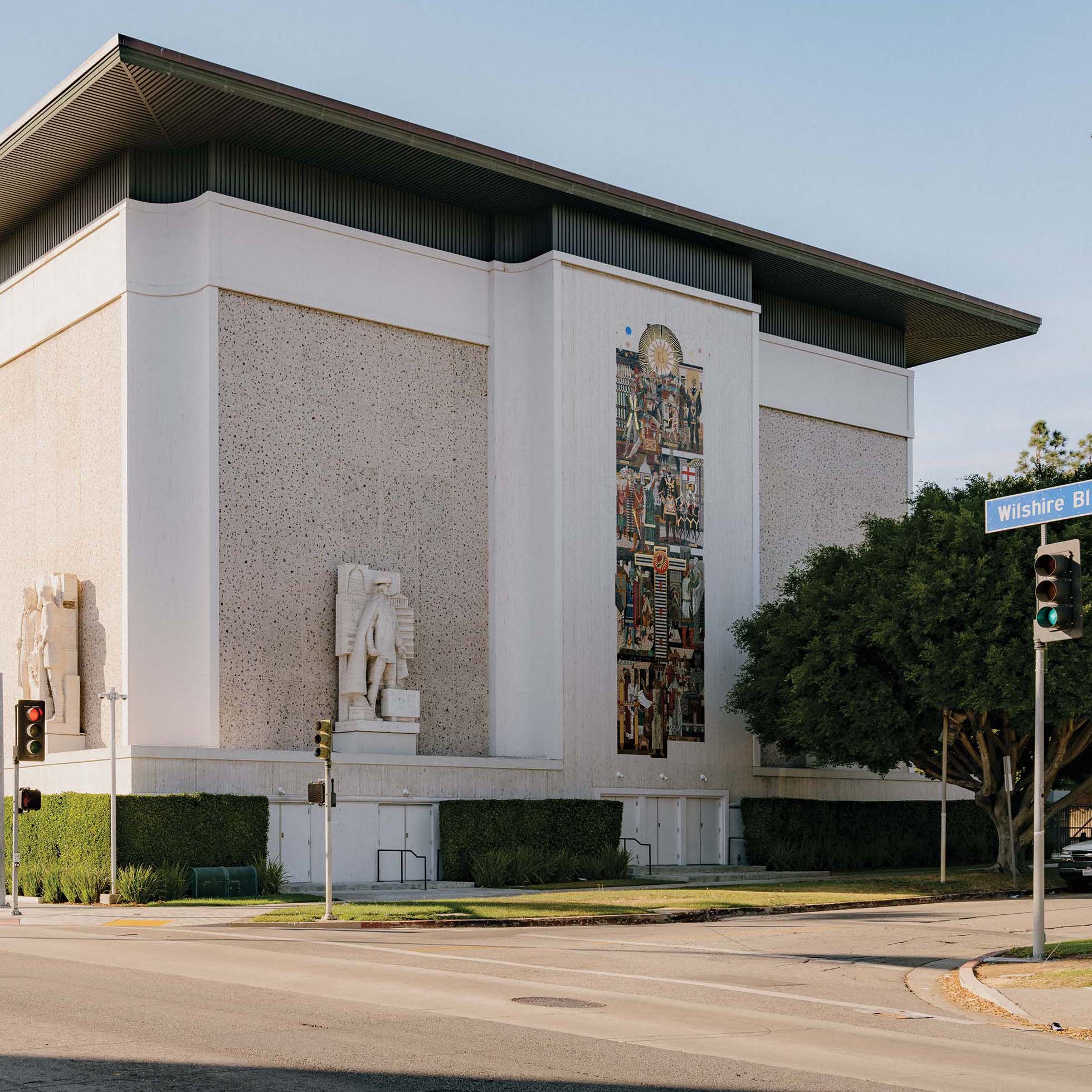 The east side of the Los Angeles Scottish Rite Temple features a seven-story high mosaic by the artist and architectural designer Millard Sheets, featuring temple builders throughout history.