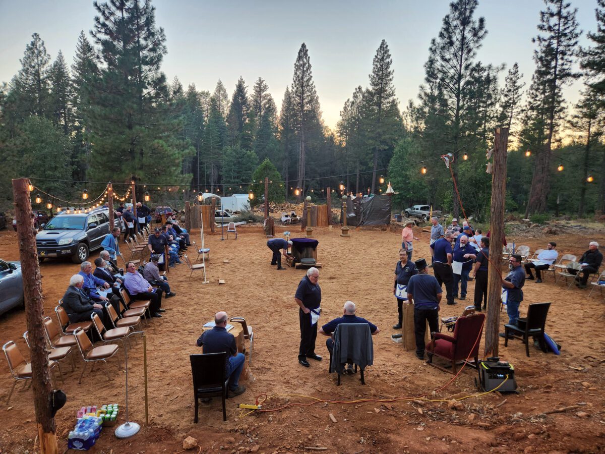 Members of Table Mountain Masonic Lodge No. 124 in Paradise, California, another small-town lodge, gather for a special outdoor, nighttime degree conferral at the home of lodge master Woody Nelson.  Photo courtesy of Manuel Sarmiento.