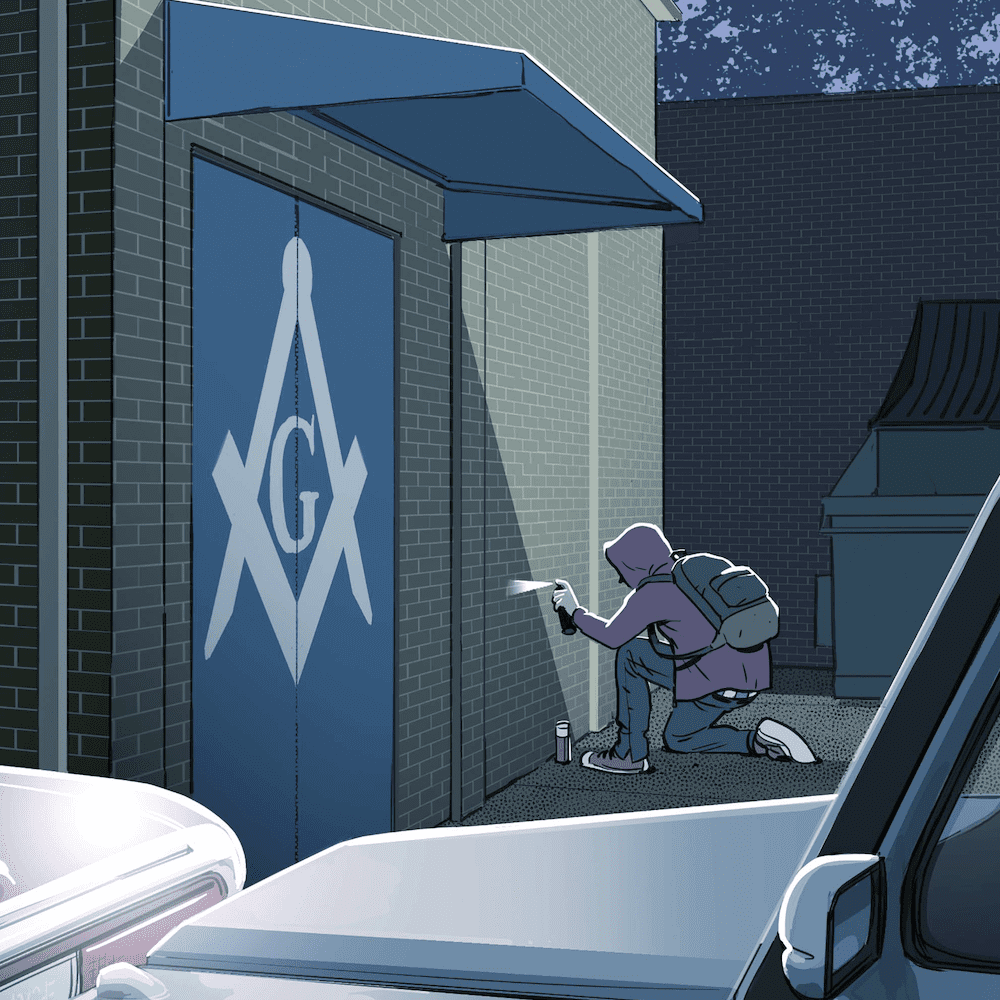 Illustration of street artist spray painting a Masonic Lodge. A recent artwork appeared on the Windsor Masonic Lodge that may have been a Banksy.