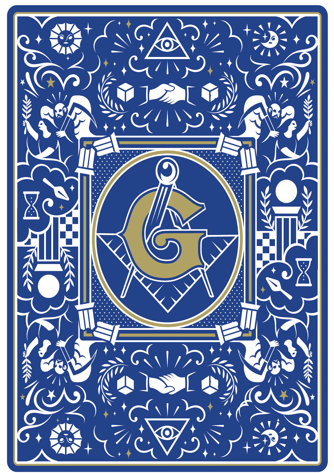 Detail of a playing card featuring Masonic symbols. California Freemason: Masonry and Magic