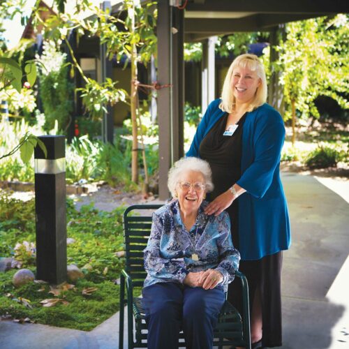 Former Masonic Outreach Services care manager Laura Strom and Mildred Oberg at the Masonic Homes in Covina.