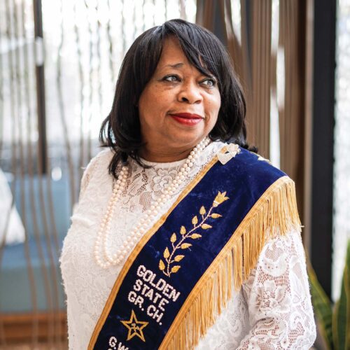 Grand Worthy Matron Marilyn Carney shows off the dress regalia of the Prince Hall Order of the Eastern Star. In California Prince Hall Masonry, the appendant bodies fall under the jurisdiction of the grand lodge.