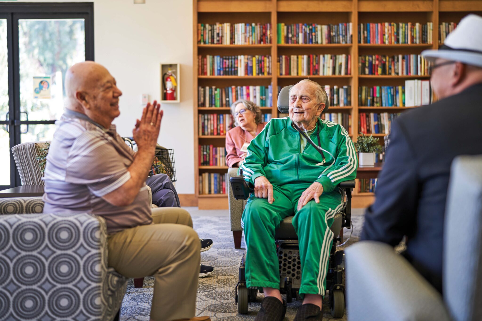 Masonic Homes residents gather in the library of the Covina retirement community.