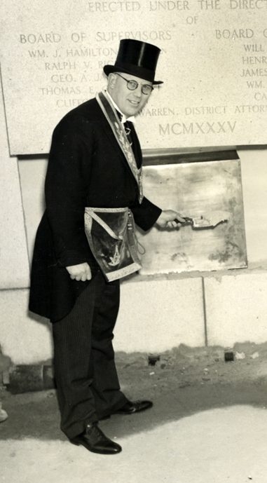 Earl Warren, former governor of California and past Grand Master of Masons of California, dedicates the Alameda County Courthouse in 1935.