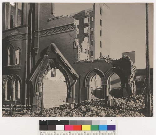 Remains of the Golden Gate Hall on Sutter Street, San Francisco, in the wake of the 1906 earthquake.
