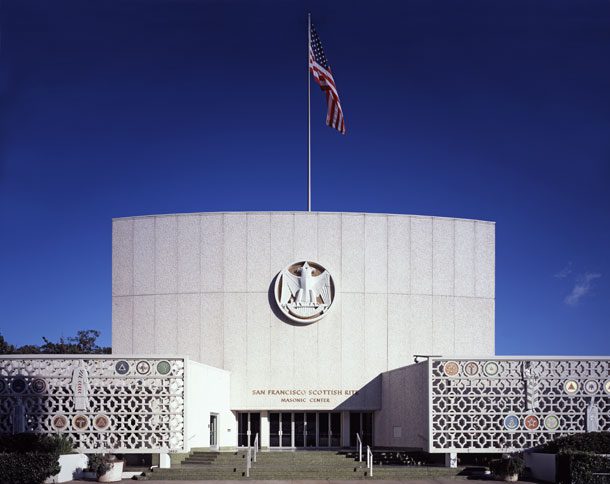 Exterior of the Scottish Rite Center on 19th Avenue and Sloat in San Francisco. The exterior artwork, including the double-headed eagle medallion, were done by the noted artist and architect Millard Sheets. Photo by Eric Sahlen Photography courtesy of the Scottish Rite Center.