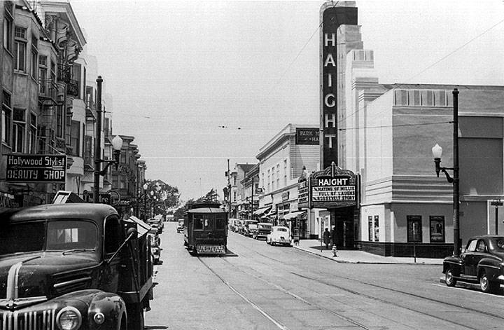Photo of the Haight Theatre near Cole Street, San Francisco, circa 1948. The Park Masonic Temple is visible just beyond the theater marquee. Photo via OpenSFHistory/wnp28.073