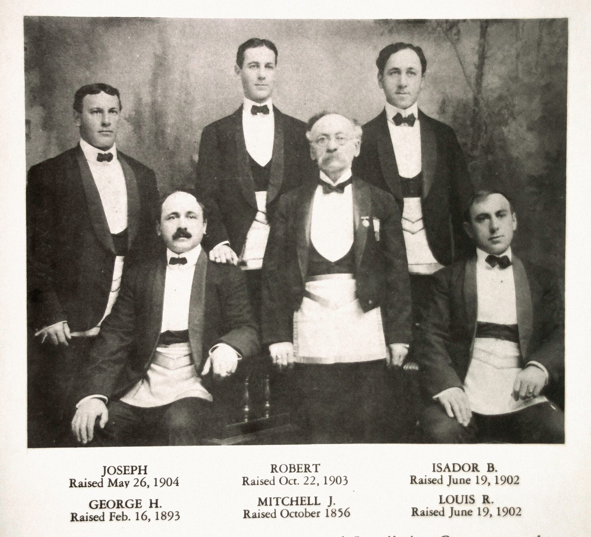 Members of the Myers family, all members of Fidelity № 120. Patriarch Mitchell J. Myers served 41 years as lodge tiler (1875–1915); he was succeeded in that office by his son George Henry Myers, who served for 19 years. He, in turn, was succeeded in 1934 by his brother Isadore Bernard Myers.