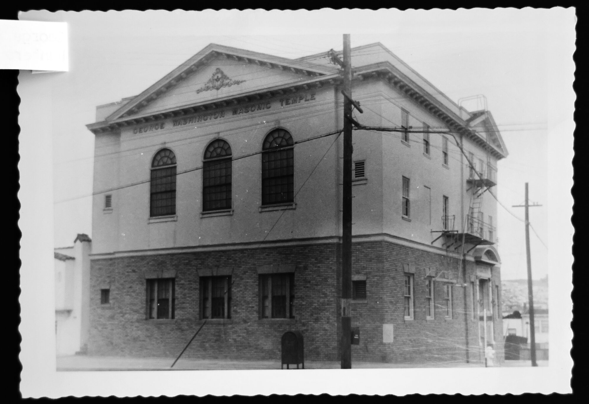 Exterior of the George Washington Masonic Temple on San Juan Avenue in San Francisco, the former home of George Washington Lodge No. 525 and Hunters Point Naval Lodge No. 706. Courtesy of the Henry W. Coil Library and Museum of Freemasonry.