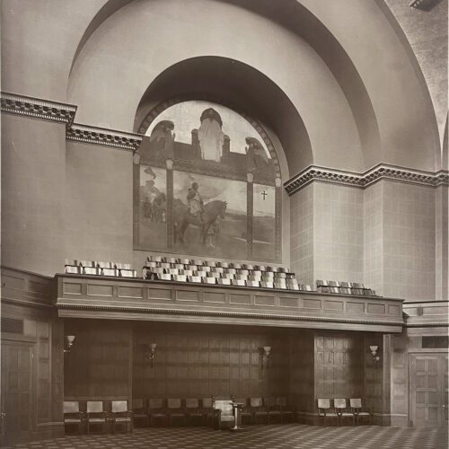 The “Crusader” mural by Arthur Mathews, a 22-by- 20-foot painting that once hung over the Commandery Hall of the Grand Lodge Temple in San Francisco. Arthur and Lucia Mathews were influential early 20th century artists in San Francisco.
