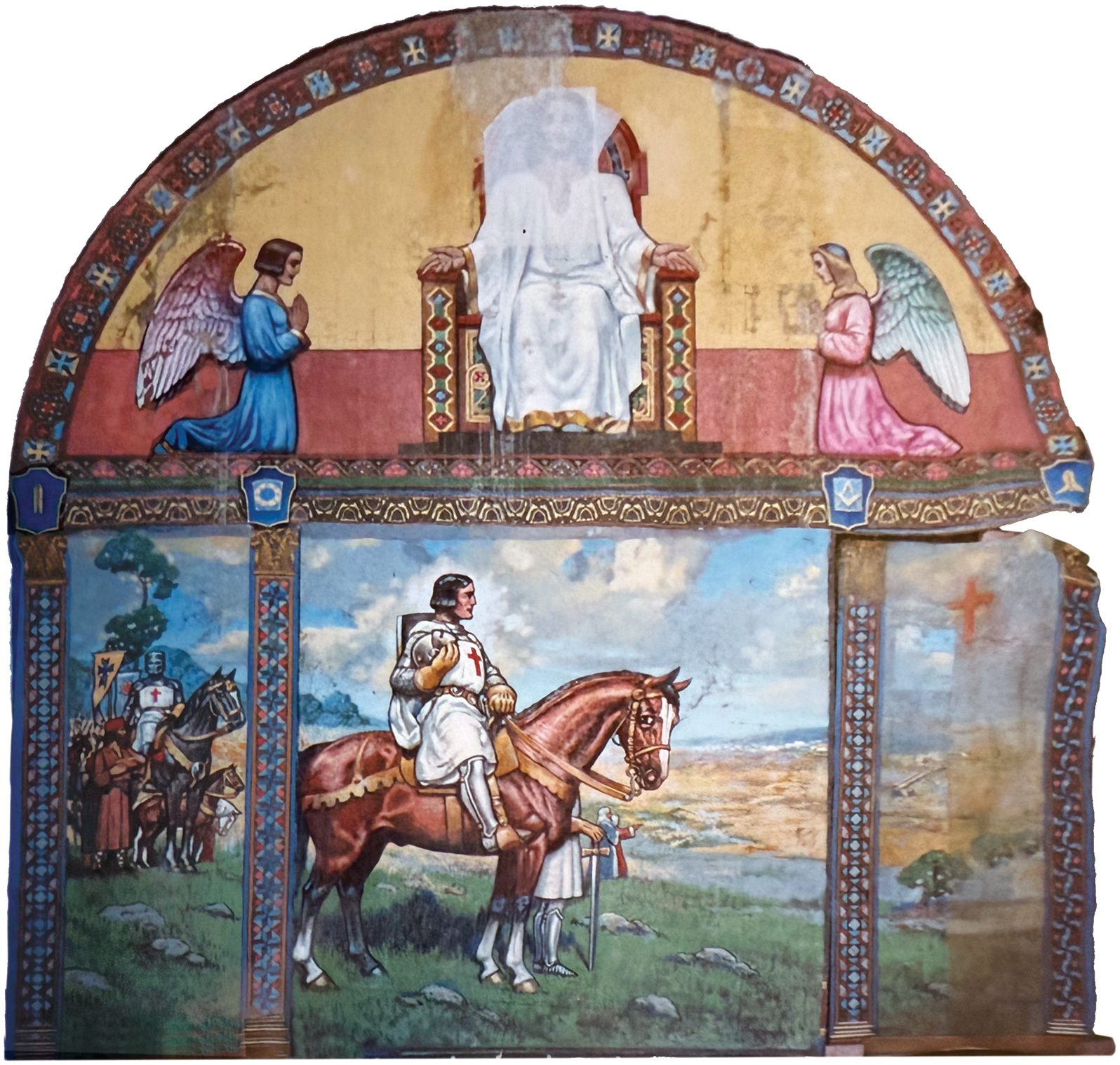 The mural, which was overpainted in the 1970s, is now in storage with a private collector. Many other Mathews pieces from the Grand Lodge Temple have been lost, destroyed, or plastered over.