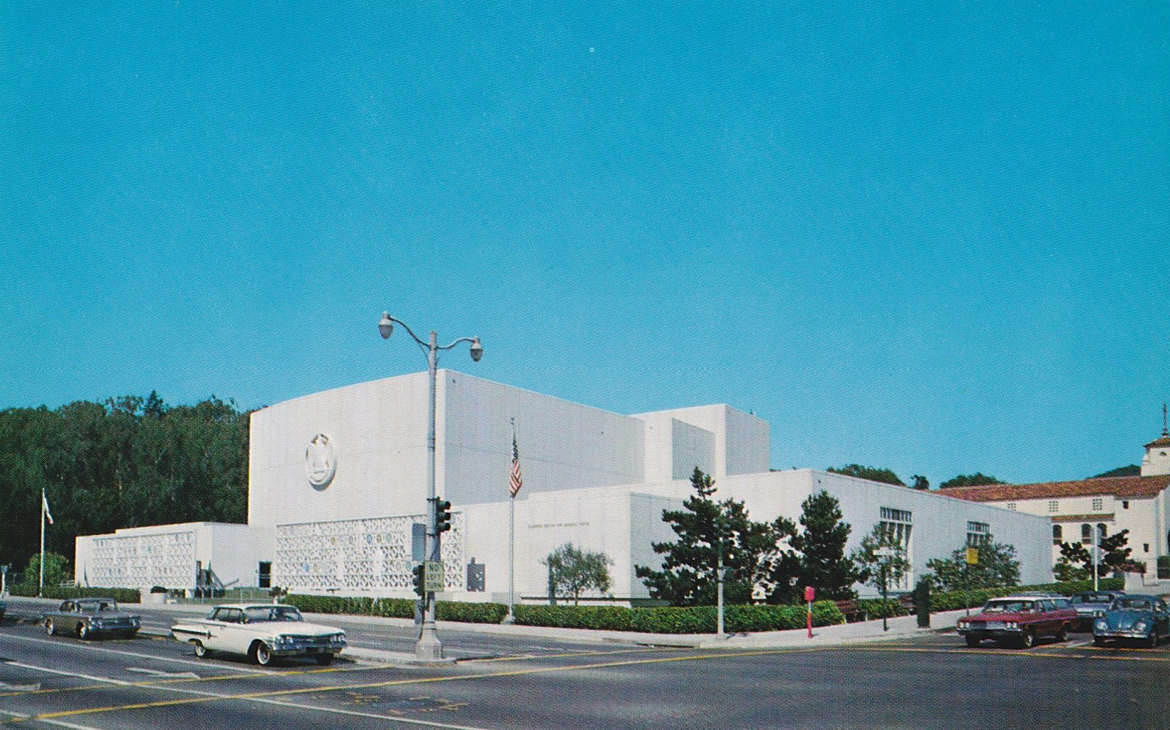Exterior of the Scottish Rite Center on 19th Avenue and Sloat in San Francisco. The exterior artwork, including the double-headed eagle medallion, were done by the noted artist and architect Millard Sheets. Courtesy of Heather David.