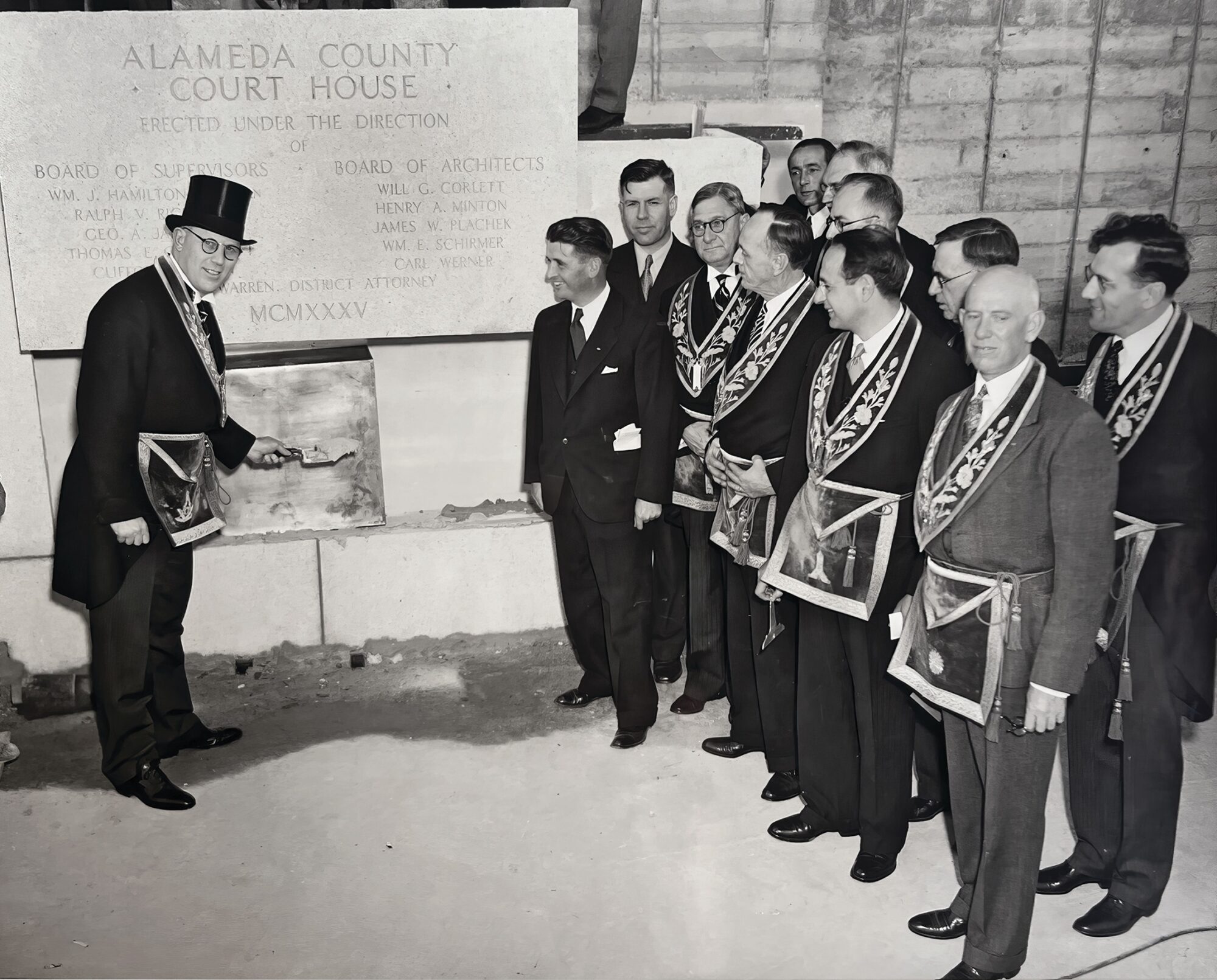 Past Grand Master Earl Warren at a cornerstone laying ceremony October 12, 1935.