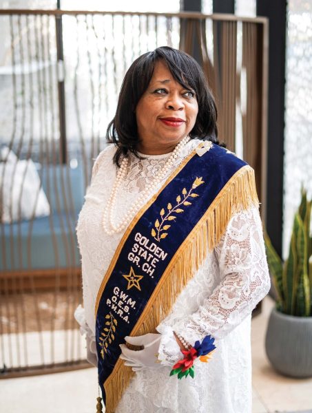 Grand Worthy Matron Marilyn Carney shows off the dress regalia of the Prince Hall Order of the Eastern Star,